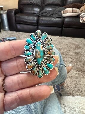 Turquoise and Brown Stone Cluster Silver Ring - Women's Jewelry